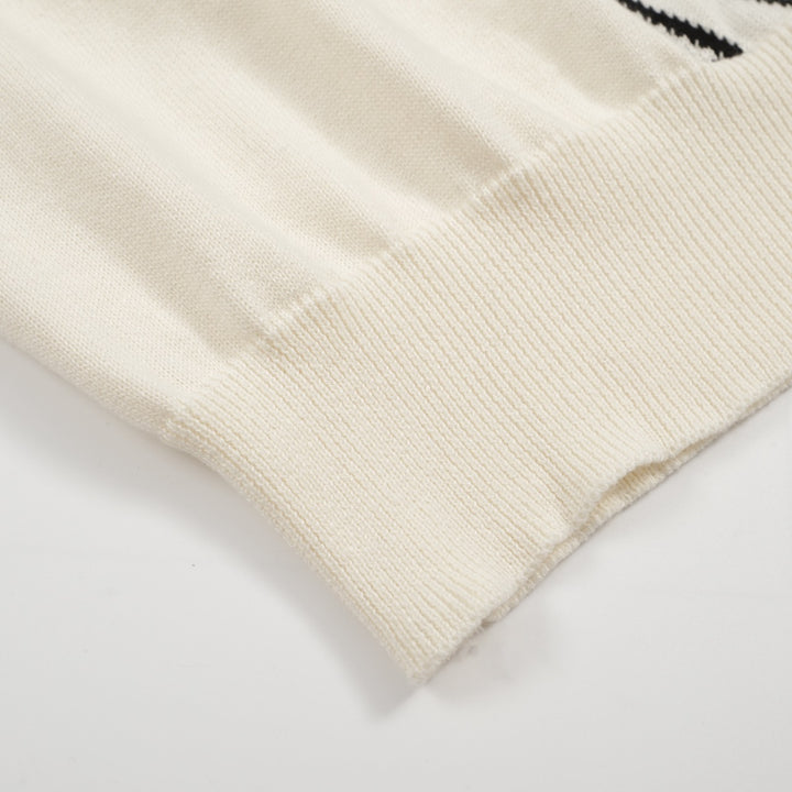 Men’s Vintage 1970s Knit Polo Shirt – Retro Cream with Black Diamond Pattern