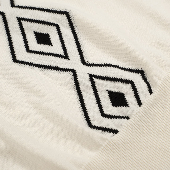 Men’s Vintage 1970s Knit Polo Shirt – Retro Cream with Black Diamond Pattern