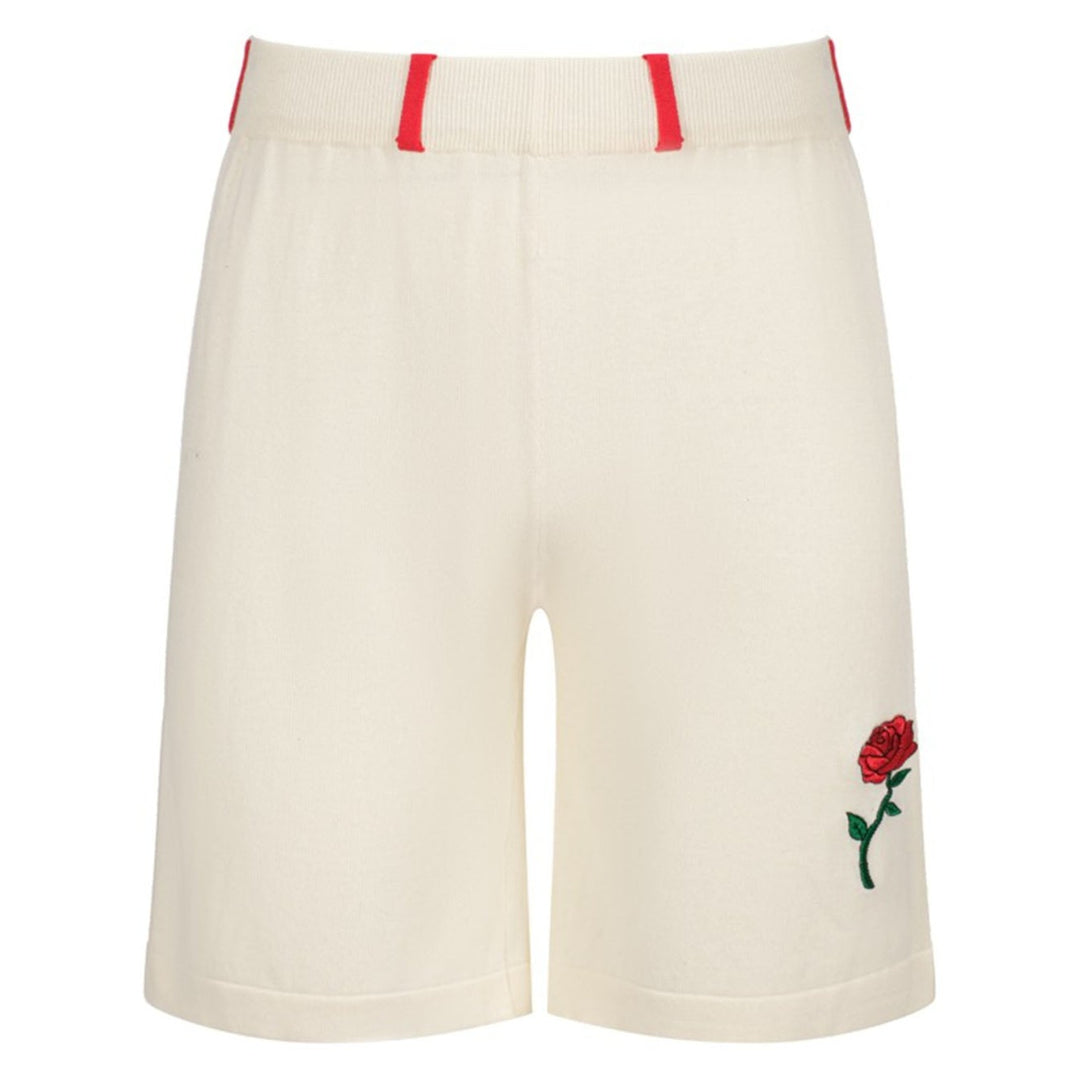 Men’s Retro Rose Knit Shorts – Vintage Cream with Red Embroidery & Trim