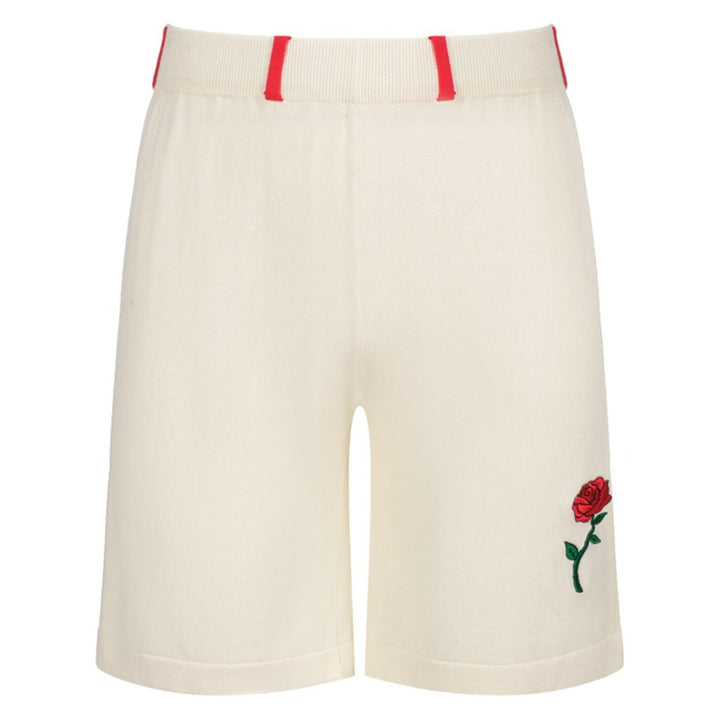 Men’s Retro Rose Knit Shorts – Vintage Cream with Red Embroidery & Trim