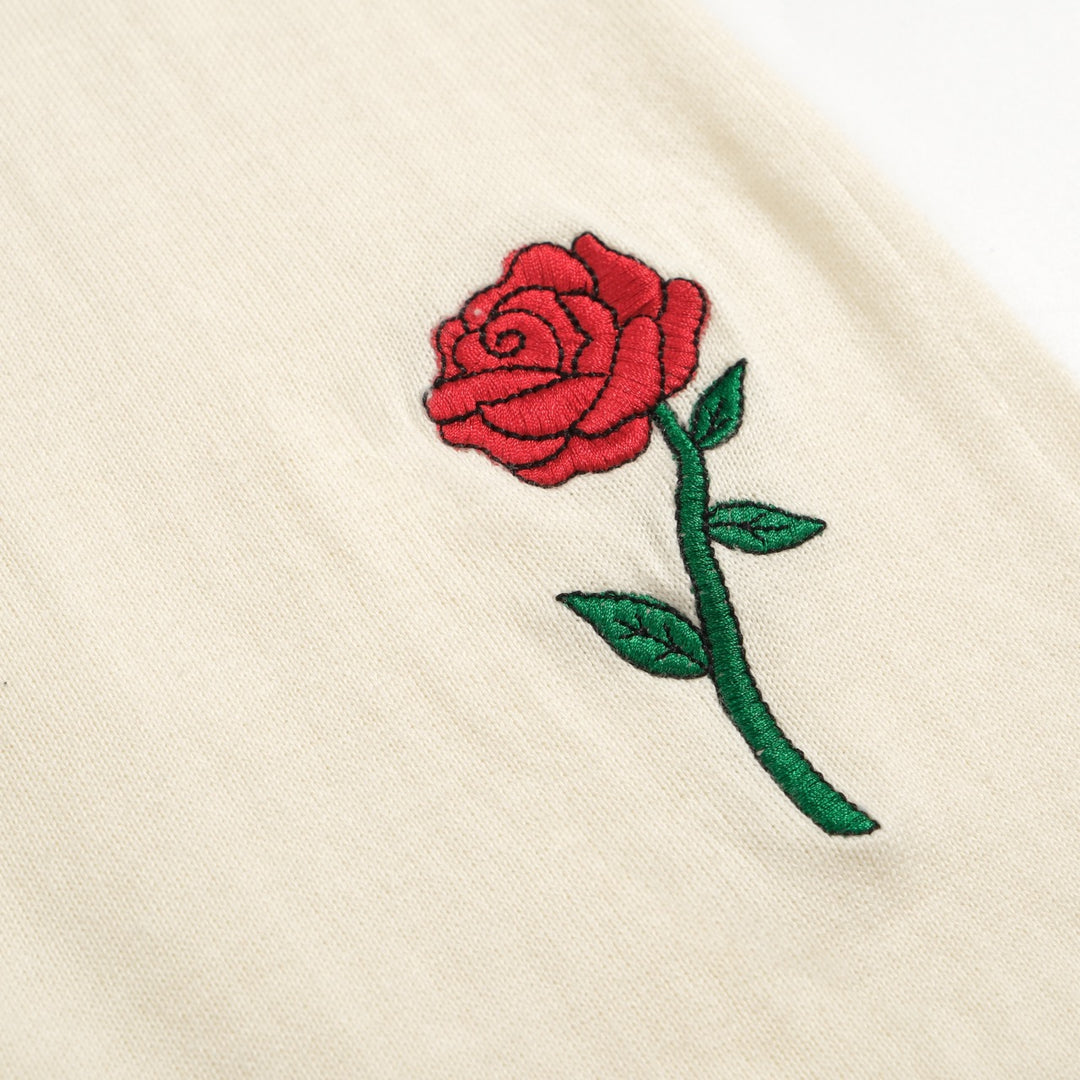 Men’s Retro Rose Knit Shorts – Vintage Cream with Red Embroidery & Trim