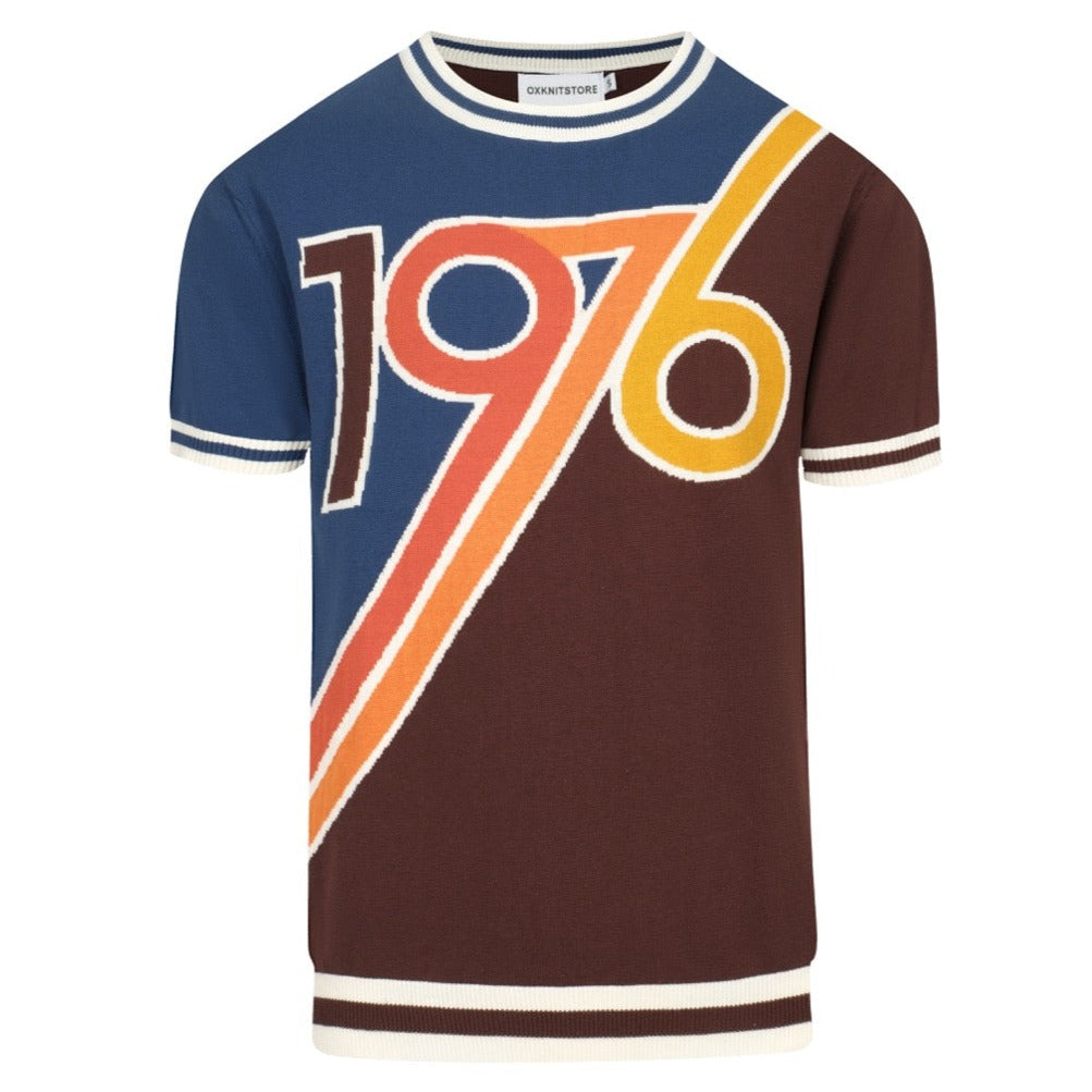 Camiseta masculina de malha gráfica dos anos 70 – Camisa retrô “1976” Colorblock