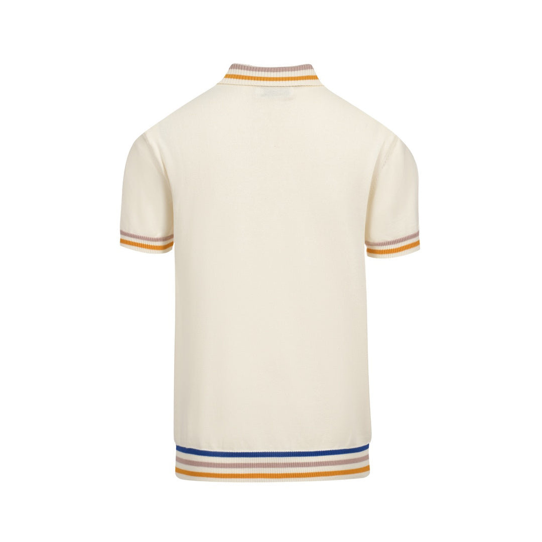 Herre 60'er Mod Cream Knit Polo – Multicolor tippet trim