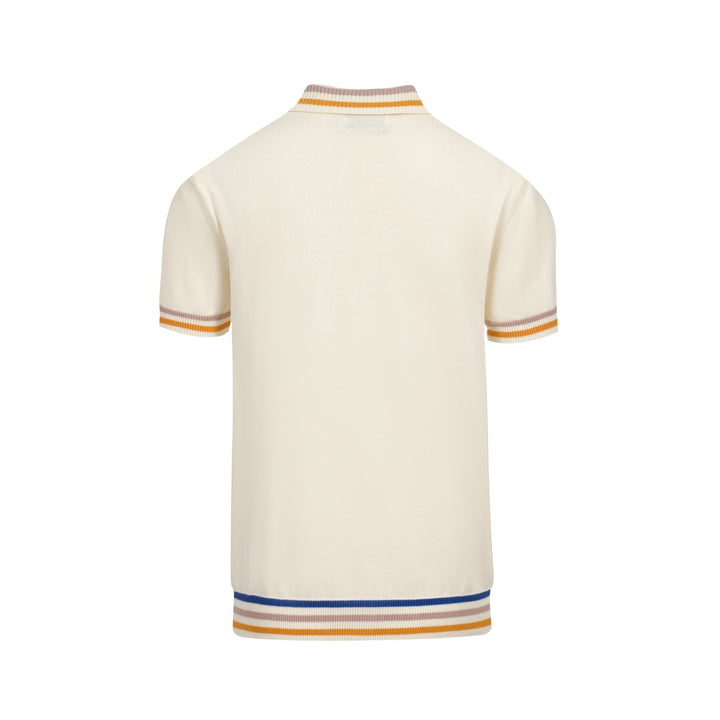 Polo masculino de malha Mod Cream dos anos 60 – acabamento com pontas multicoloridas