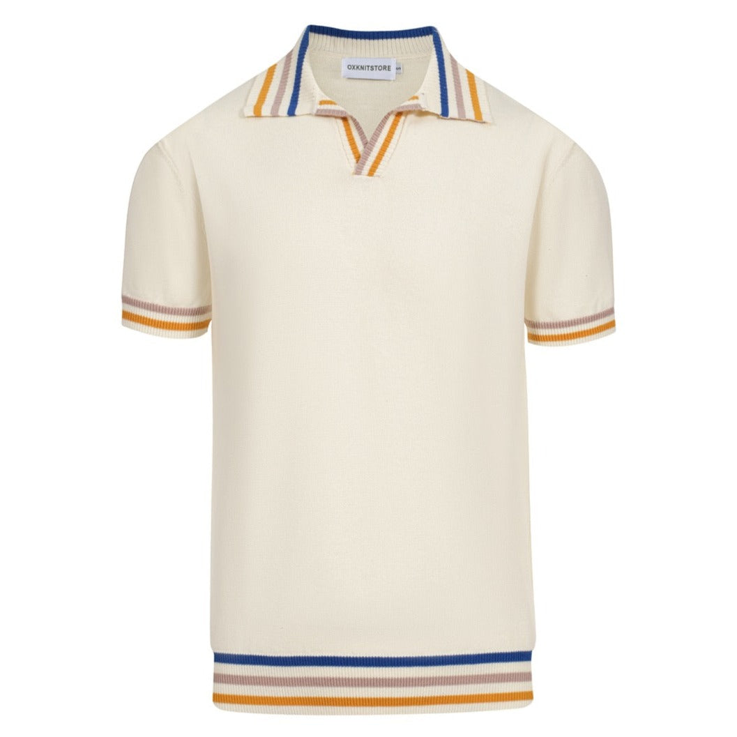 Herre 60'er Mod Cream Knit Polo – Multicolor tippet trim