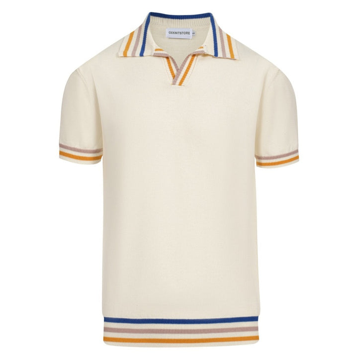 Polo masculino de malha Mod Cream dos anos 60 – acabamento com pontas multicoloridas
