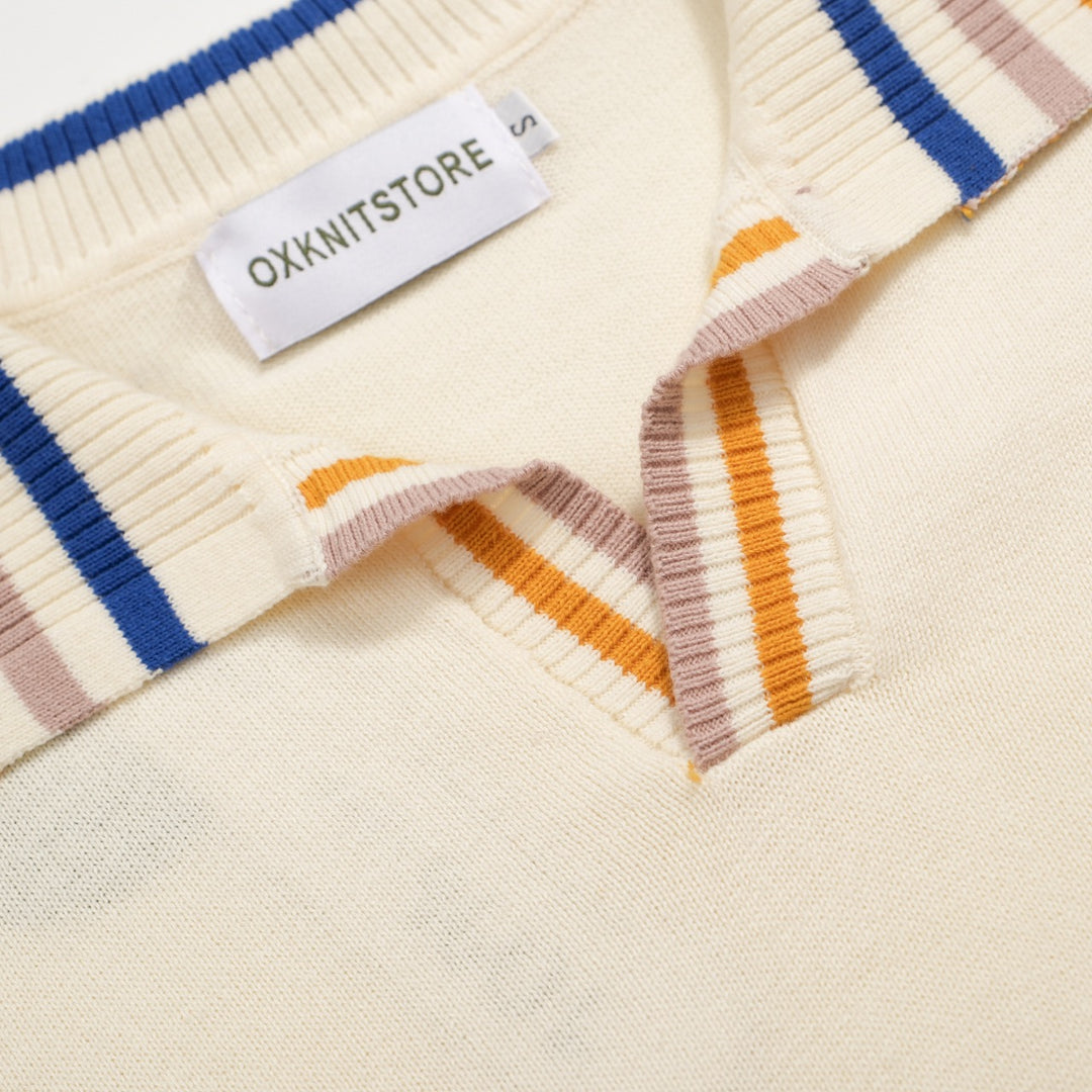 Herre 60'er Mod Cream Knit Polo – Multicolor tippet trim