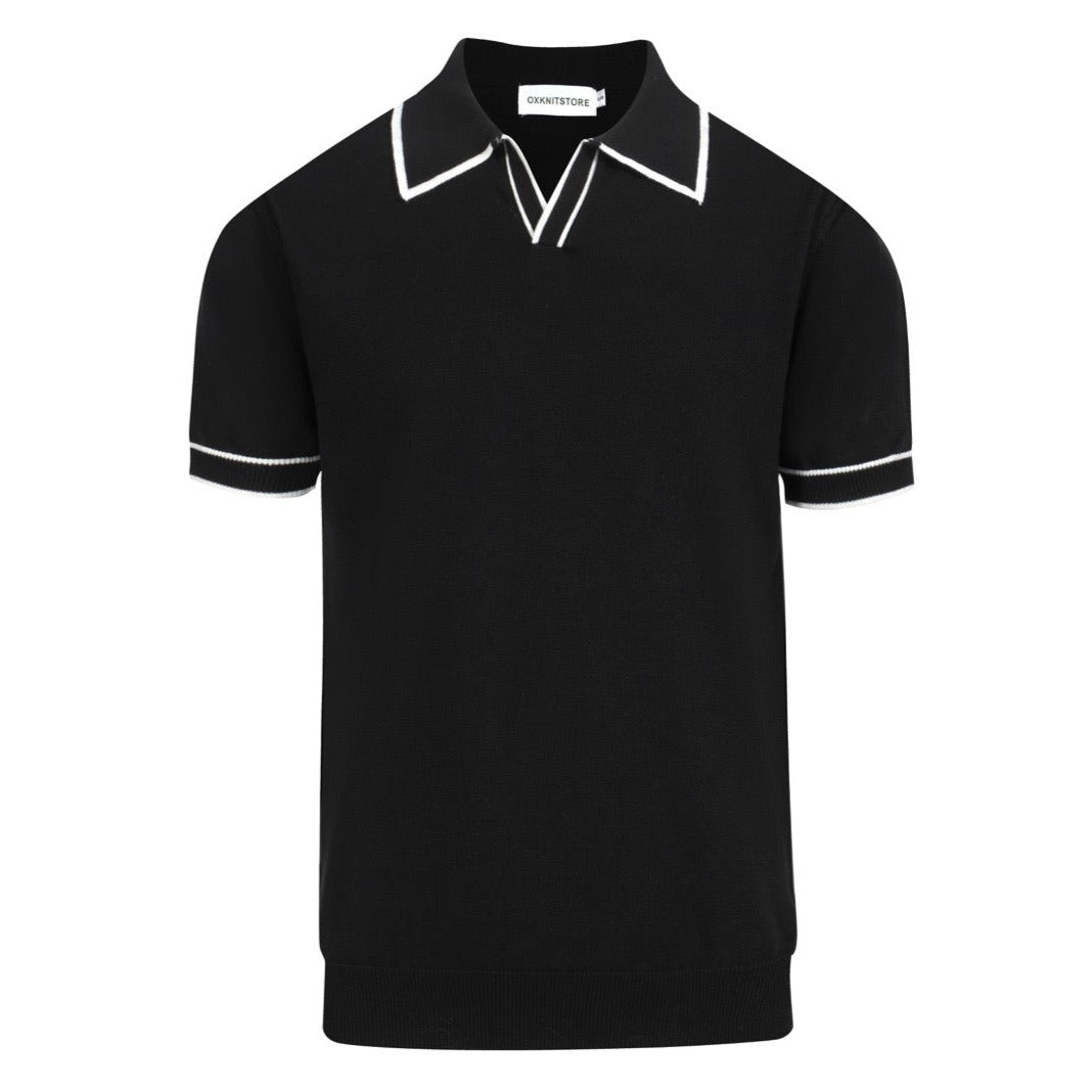 Ανδρικό 70s Black Mod Polo – Πλεκτό ρετρό πουκάμισο με μύτη με αντίθεση