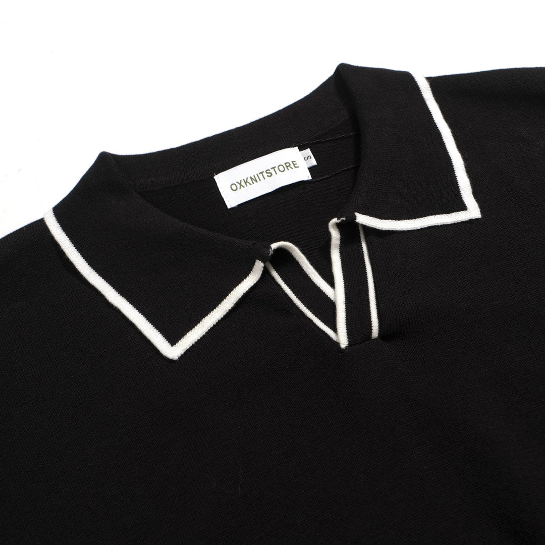 Ανδρικό 70s Black Mod Polo – Πλεκτό ρετρό πουκάμισο με μύτη με αντίθεση