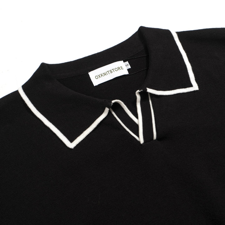 Ανδρικό 70s Black Mod Polo – Πλεκτό ρετρό πουκάμισο με μύτη με αντίθεση