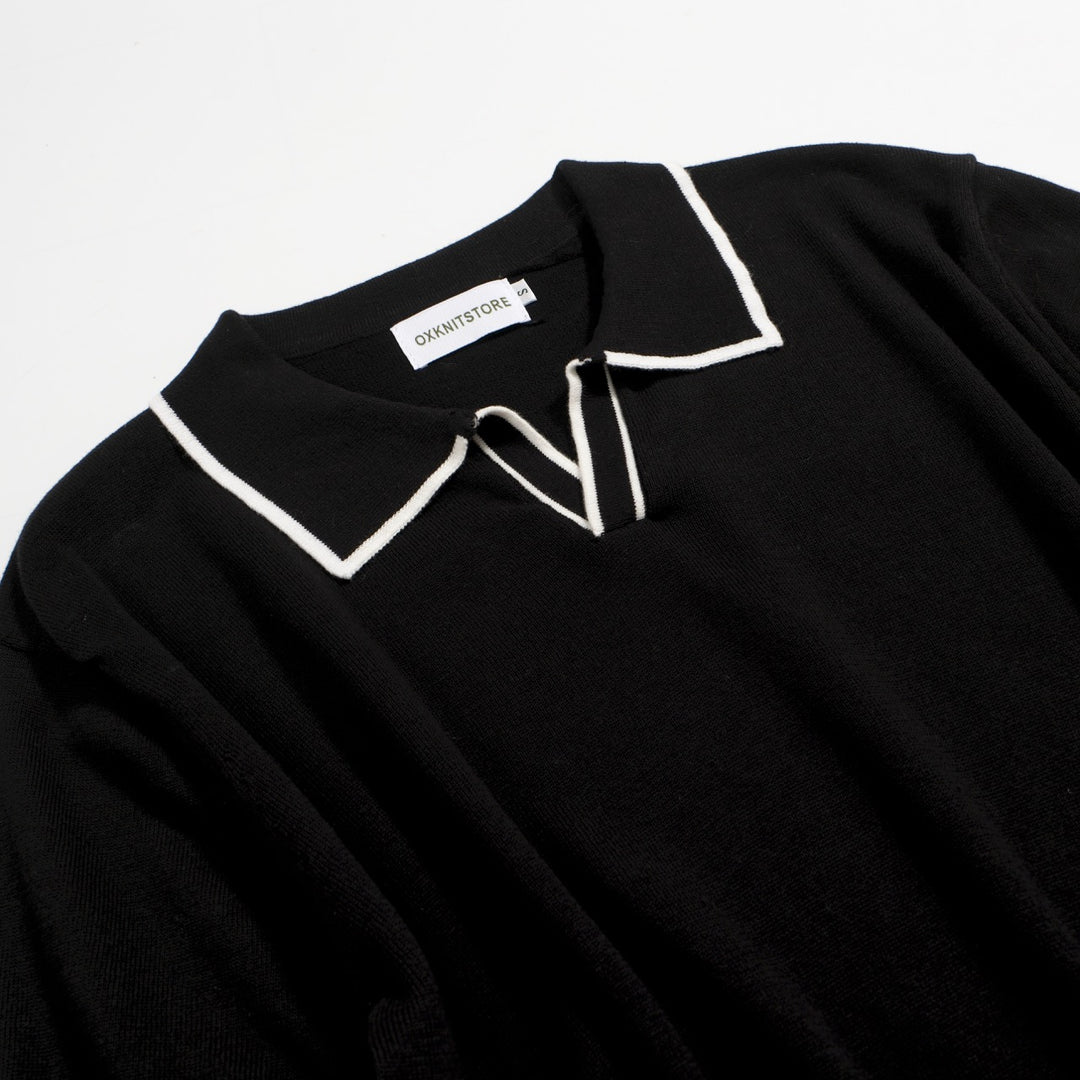 Ανδρικό 70s Black Mod Polo – Πλεκτό ρετρό πουκάμισο με μύτη με αντίθεση