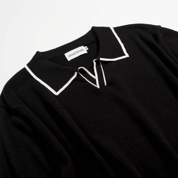 Ανδρικό 70s Black Mod Polo – Πλεκτό ρετρό πουκάμισο με μύτη με αντίθεση