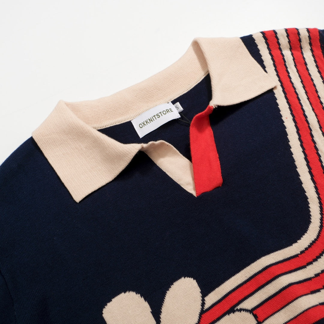Men’s Retro 1970s Daisy Knit Polo Shirt – Vintage Navy with Red Striped Flower Graphic