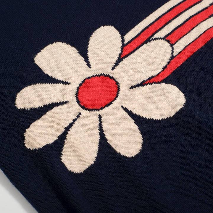 Men’s Retro 1970s Daisy Knit Polo Shirt – Vintage Navy with Red Striped Flower Graphic