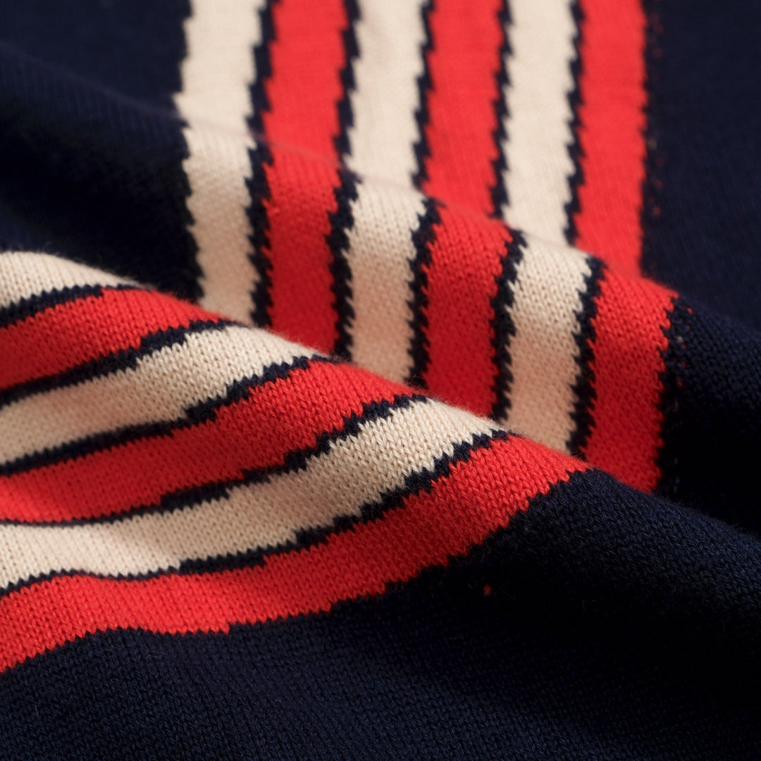Men’s Retro 1970s Daisy Knit Polo Shirt – Vintage Navy with Red Striped Flower Graphic