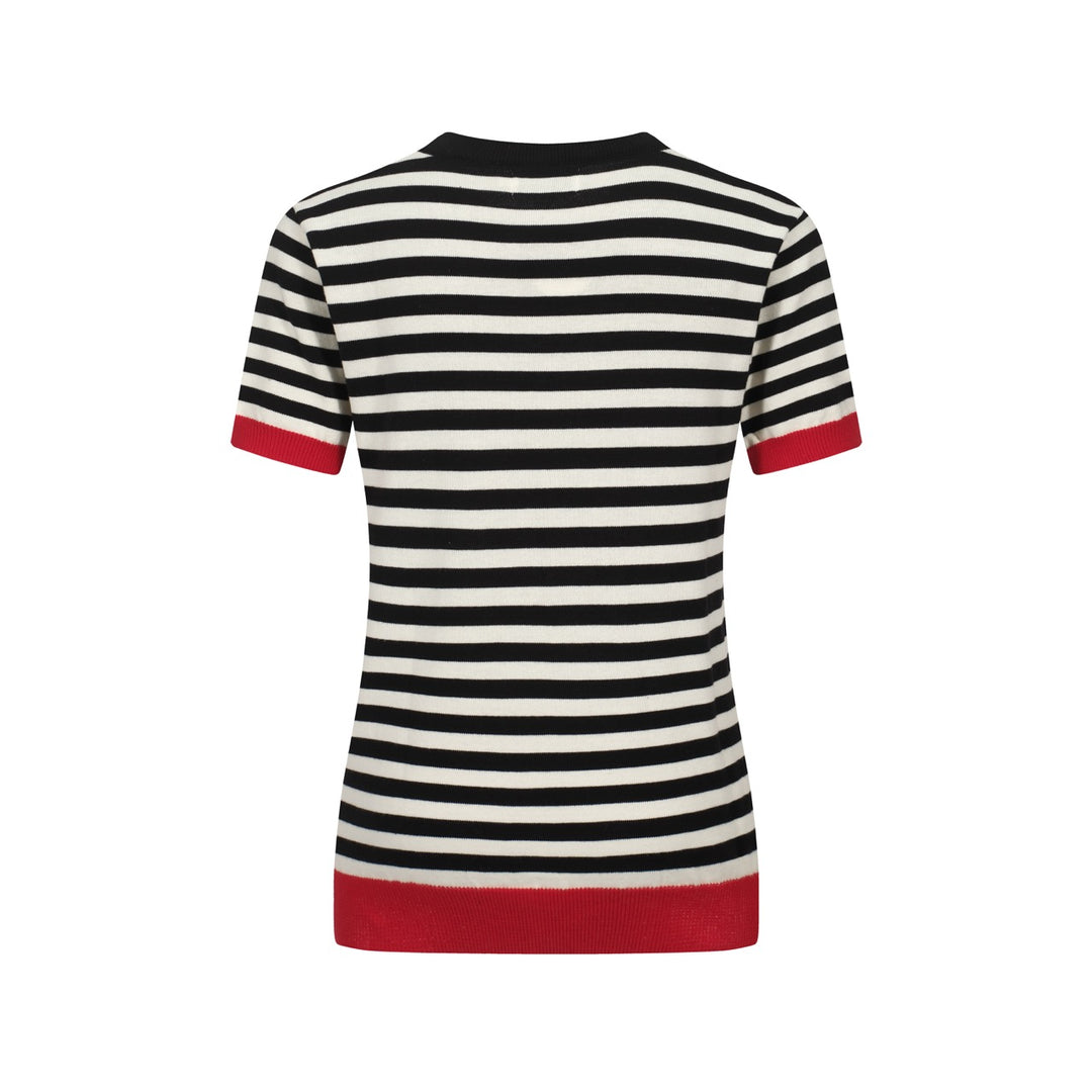 Suéter feminino retrô listrado com coração vermelho – preto & Branco