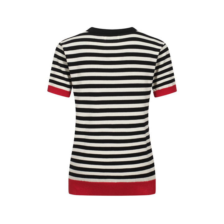 Suéter feminino retrô listrado com coração vermelho – preto & Branco