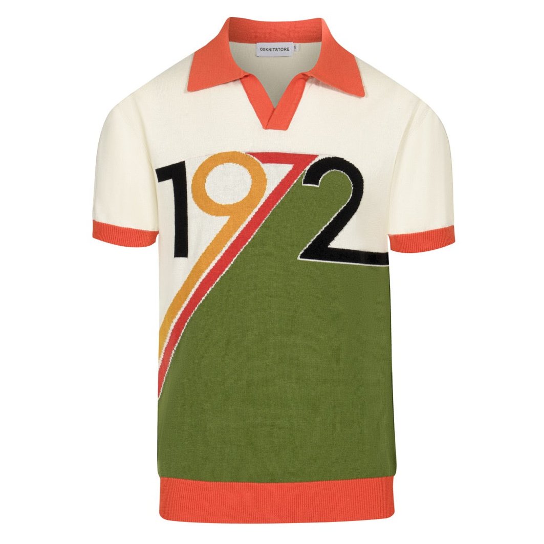 Men’s Retro 1972 Knit Polo Shirt – Vintage Graphic Top in Cream, Olive & Orange