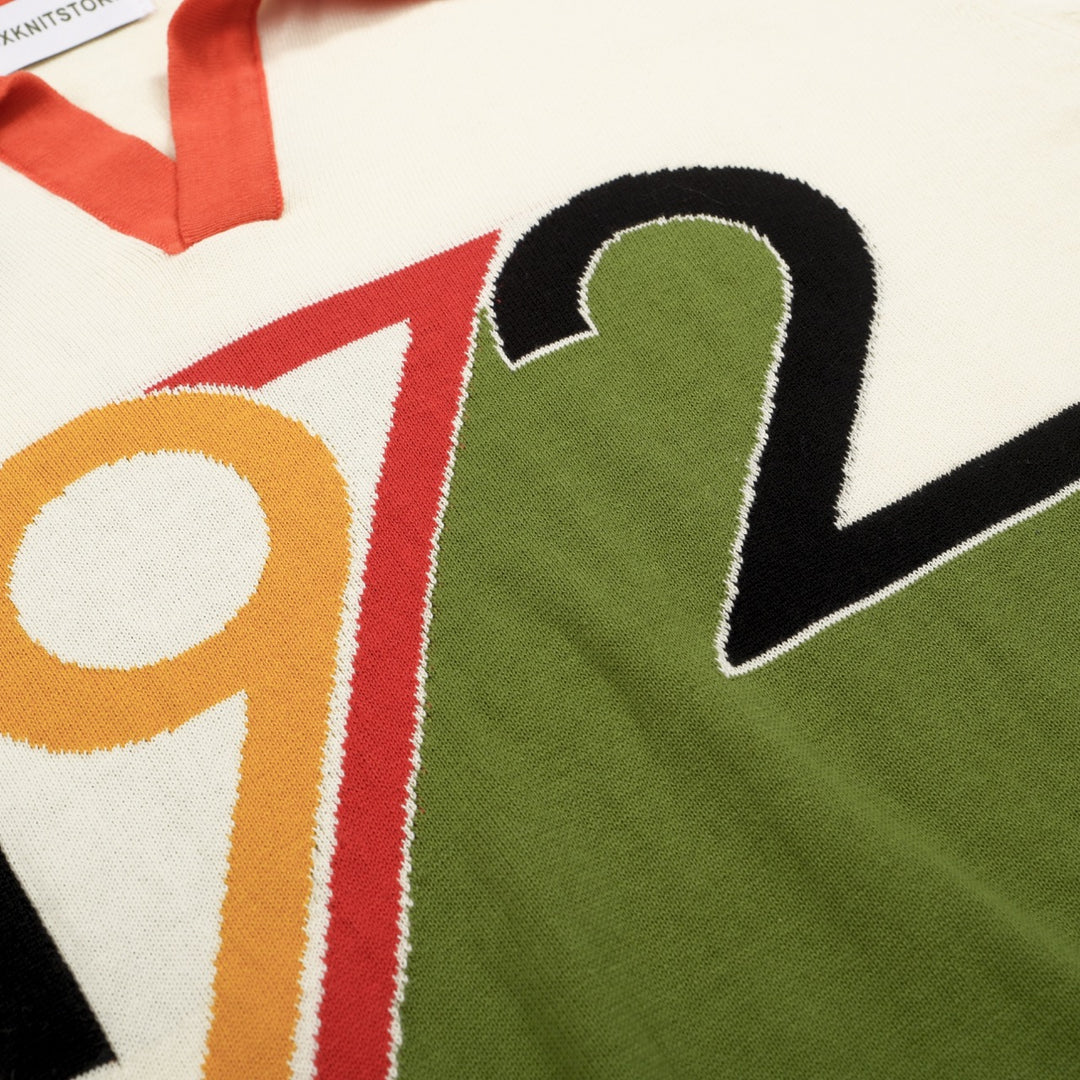 Men’s Retro 1972 Knit Polo Shirt – Vintage Graphic Top in Cream, Olive & Orange