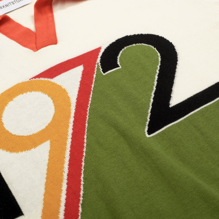 Men’s Retro 1972 Knit Polo Shirt – Vintage Graphic Top in Cream, Olive & Orange
