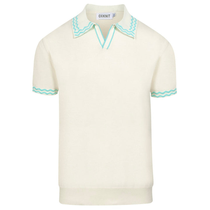 Men's Vintage Knit Polo – Retro Cream Button-Up with Sky Blue Trim