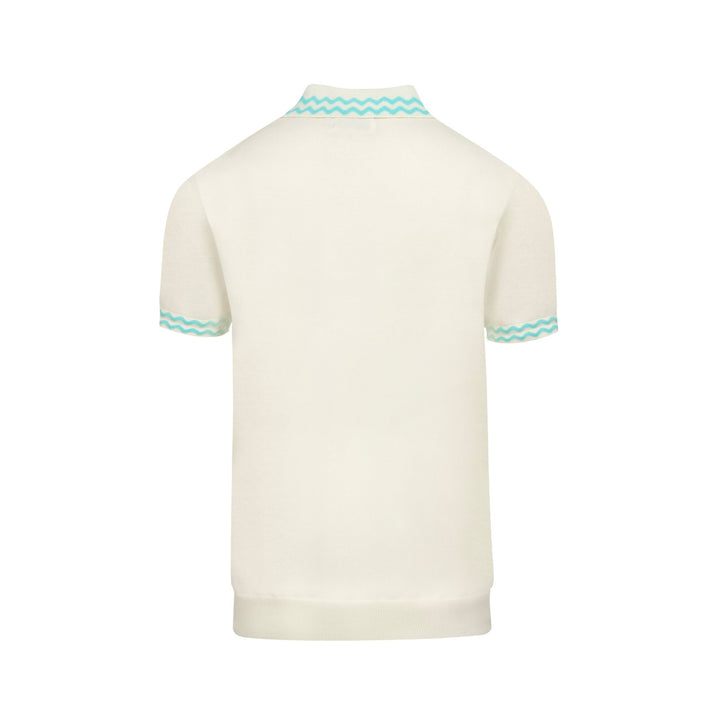 Men's Vintage Knit Polo – Retro Cream Button-Up with Sky Blue Trim