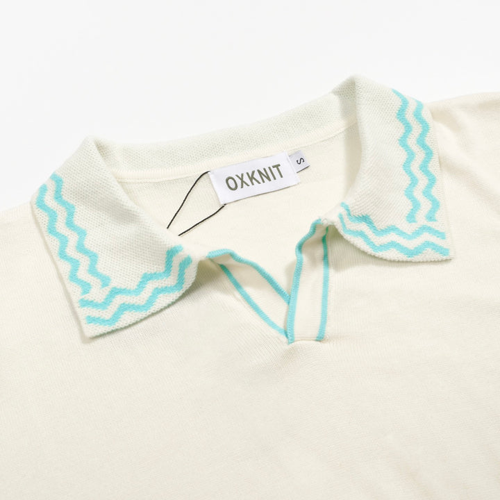 Men's Vintage Knit Polo – Retro Cream Button-Up with Sky Blue Trim