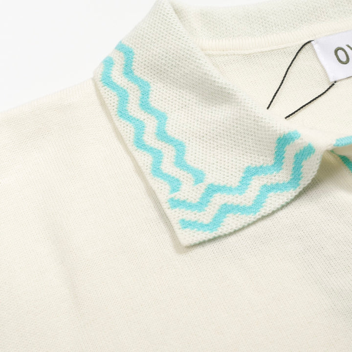 Men's Vintage Knit Polo – Retro Cream Button-Up with Sky Blue Trim