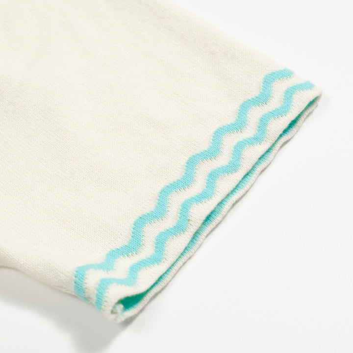 Men's Vintage Knit Polo – Retro Cream Button-Up with Sky Blue Trim