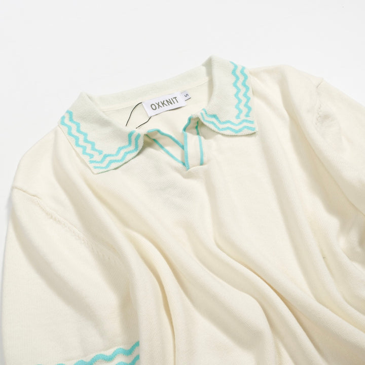 Men's Vintage Knit Polo – Retro Cream Button-Up with Sky Blue Trim