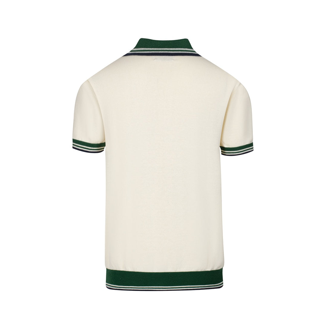 Men’s Vintage 1970s Knit Polo Shirt – Retro Cream with Green Striped Collar and Trim