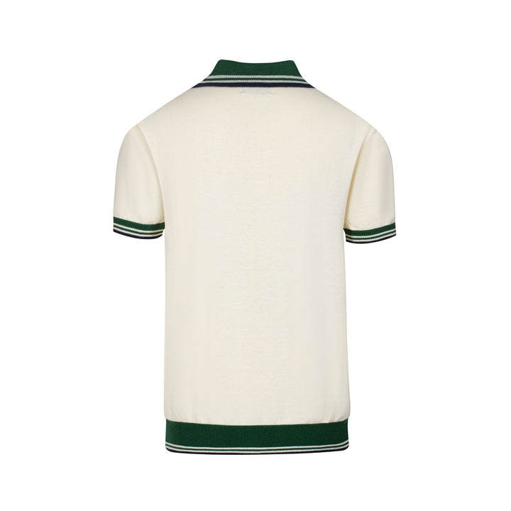 Men’s Vintage 1970s Knit Polo Shirt – Retro Cream with Green Striped Collar and Trim