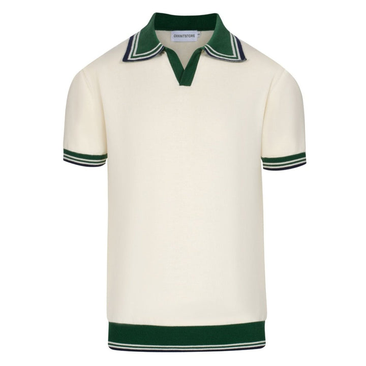 Men’s Vintage 1970s Knit Polo Shirt – Retro Cream with Green Striped Collar and Trim