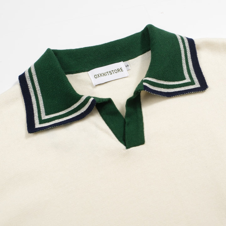 Men’s Vintage 1970s Knit Polo Shirt – Retro Cream with Green Striped Collar and Trim
