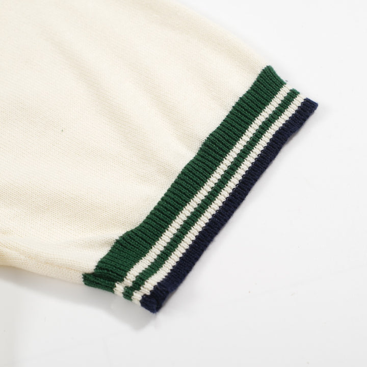 Men’s Vintage 1970s Knit Polo Shirt – Retro Cream with Green Striped Collar and Trim