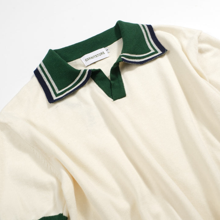 Men’s Vintage 1970s Knit Polo Shirt – Retro Cream with Green Striped Collar and Trim