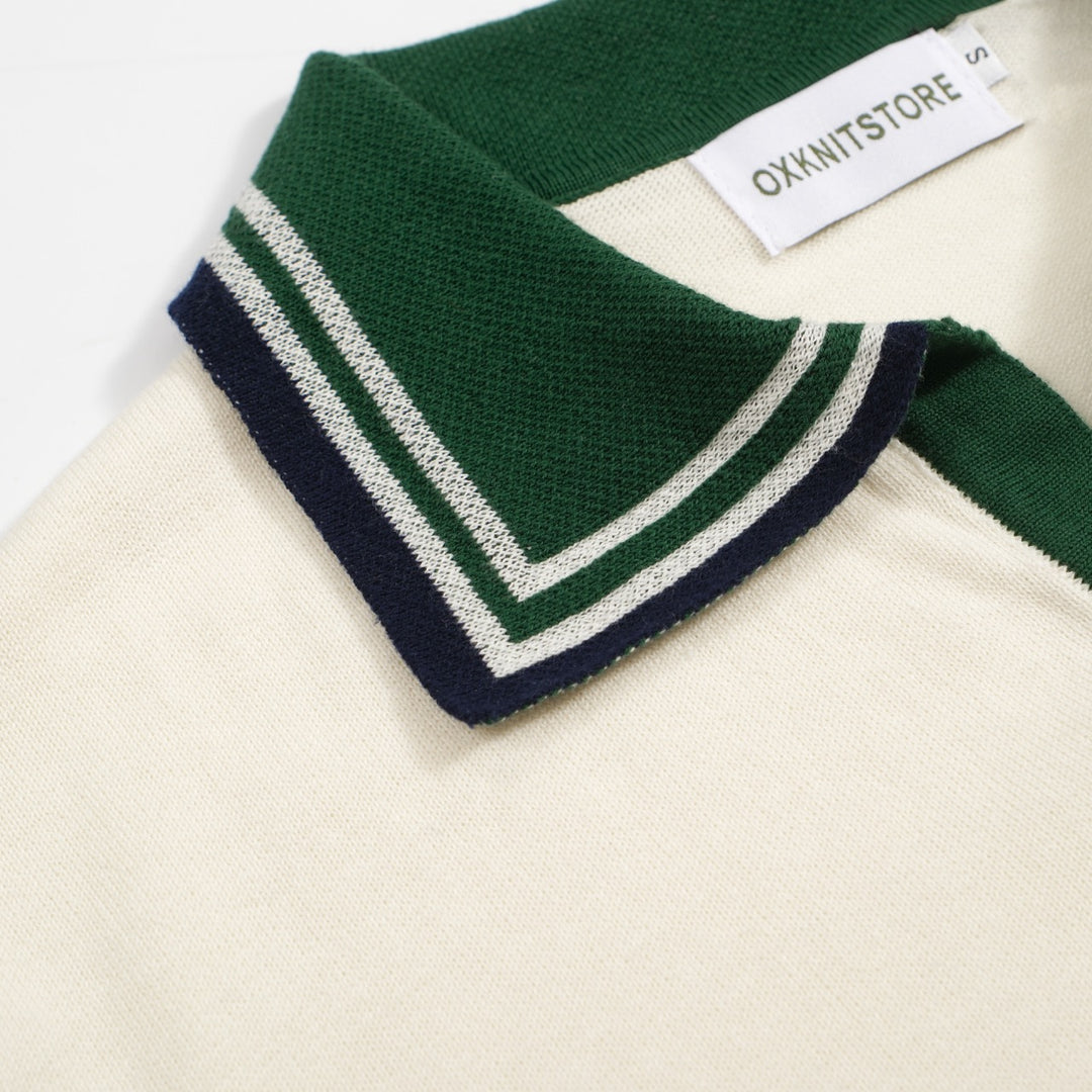 Men’s Vintage 1970s Knit Polo Shirt – Retro Cream with Green Striped Collar and Trim