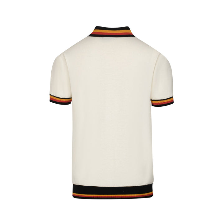 Men's Ivory Knit Polo – Retro 70s Style with Sunset Stripe Trim