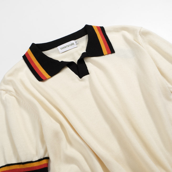 Men's Ivory Knit Polo – Retro 70s Style with Sunset Stripe Trim