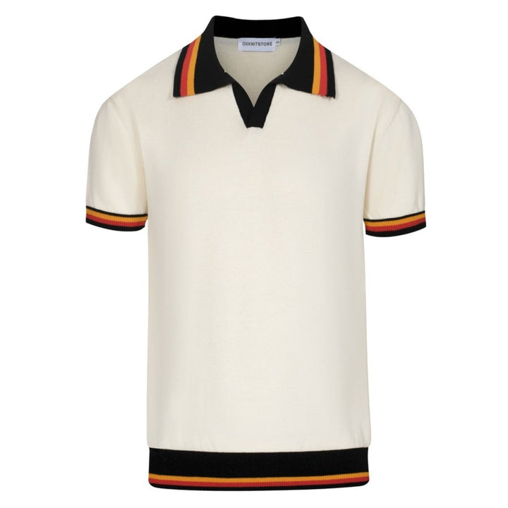 Men's Ivory Knit Polo – Retro 70s Style with Sunset Stripe Trim