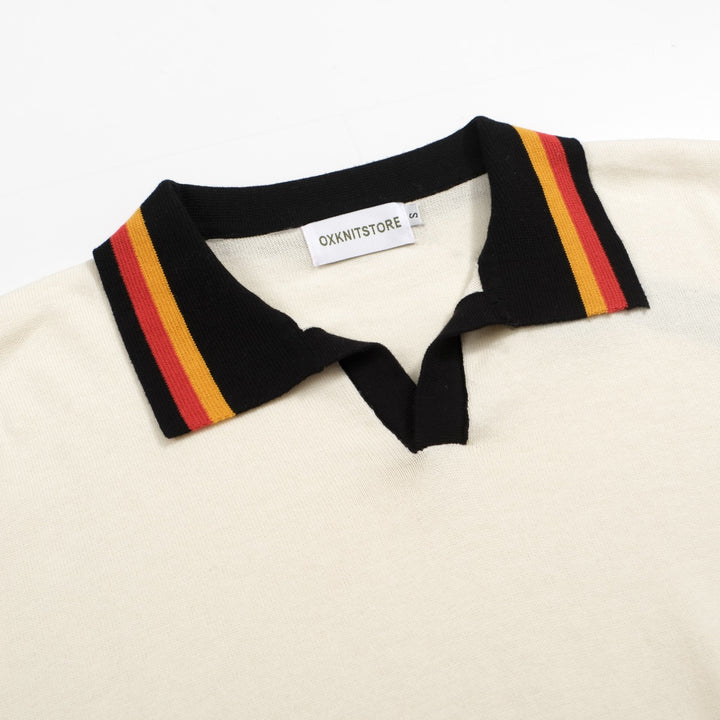 Men's Ivory Knit Polo – Retro 70s Style with Sunset Stripe Trim