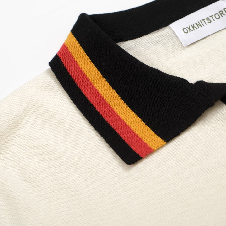 Men's Ivory Knit Polo – Retro 70s Style with Sunset Stripe Trim