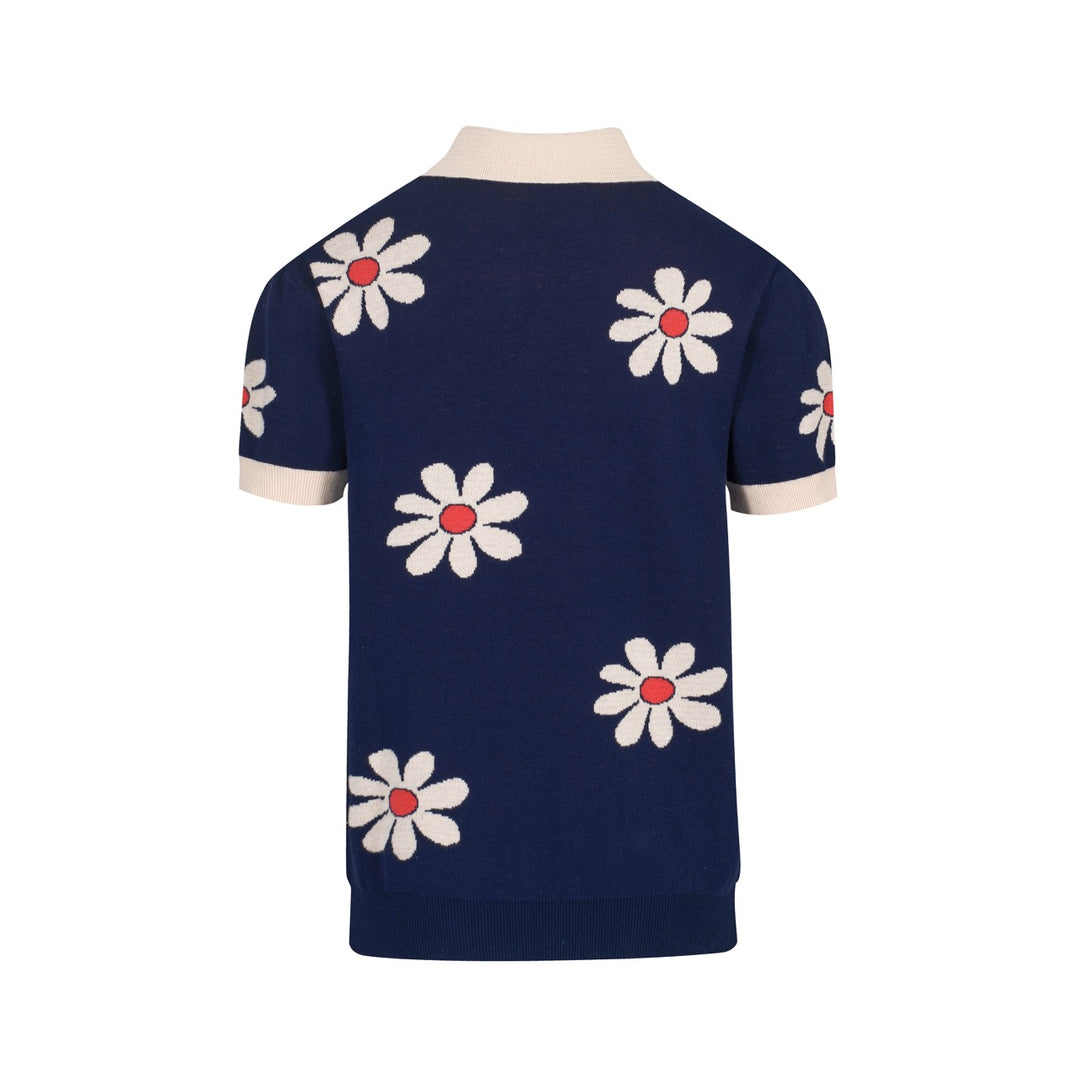 Men’s Retro 1970s Flower Knit Polo Shirt – Vintage Navy with Daisy Pattern