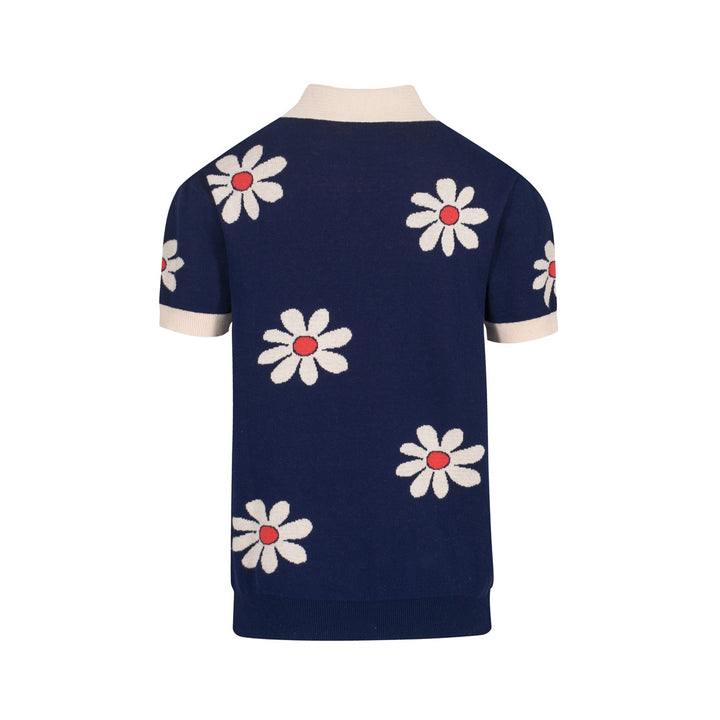 Men’s Retro 1970s Flower Knit Polo Shirt – Vintage Navy with Daisy Pattern