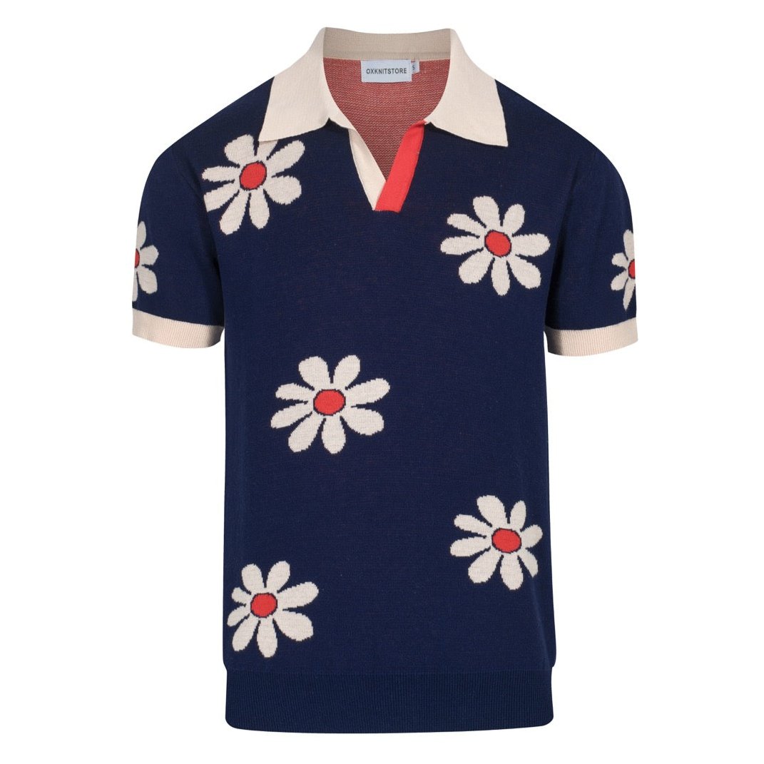 Men’s Retro 1970s Flower Knit Polo Shirt – Vintage Navy with Daisy Pattern