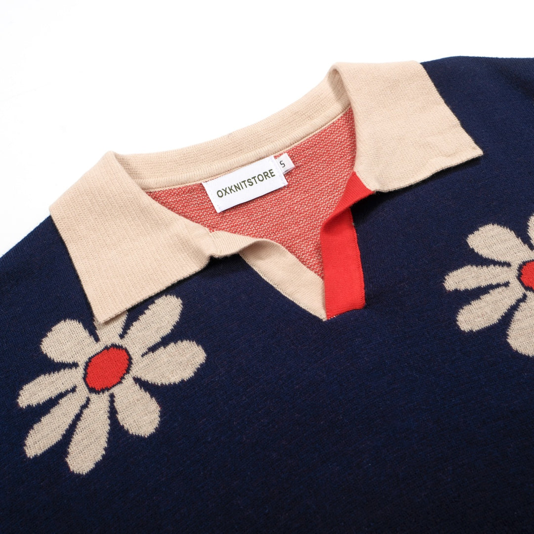 Men’s Retro 1970s Flower Knit Polo Shirt – Vintage Navy with Daisy Pattern