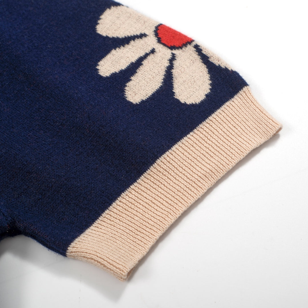 Men’s Retro 1970s Flower Knit Polo Shirt – Vintage Navy with Daisy Pattern