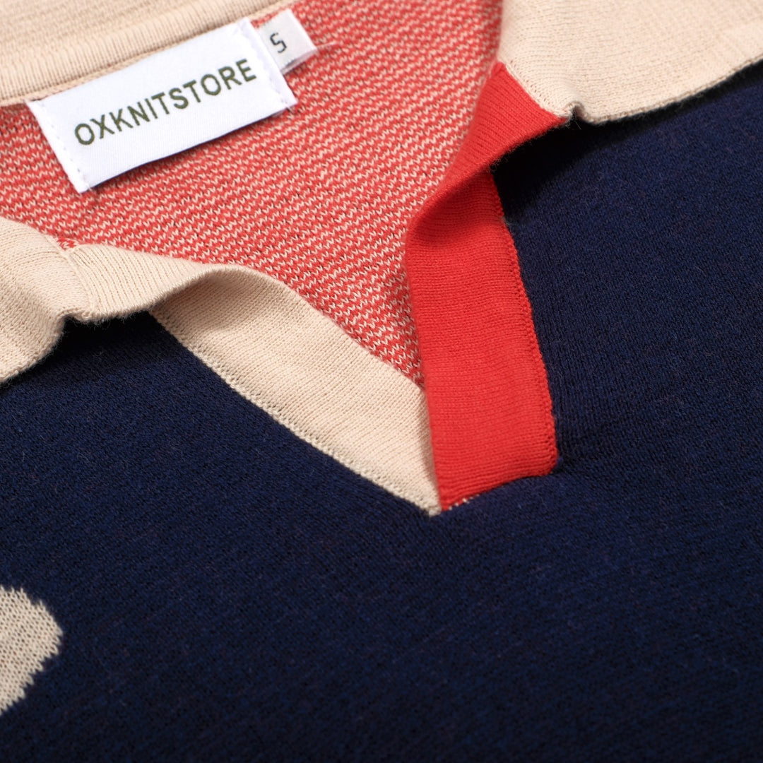 Men’s Retro 1970s Flower Knit Polo Shirt – Vintage Navy with Daisy Pattern