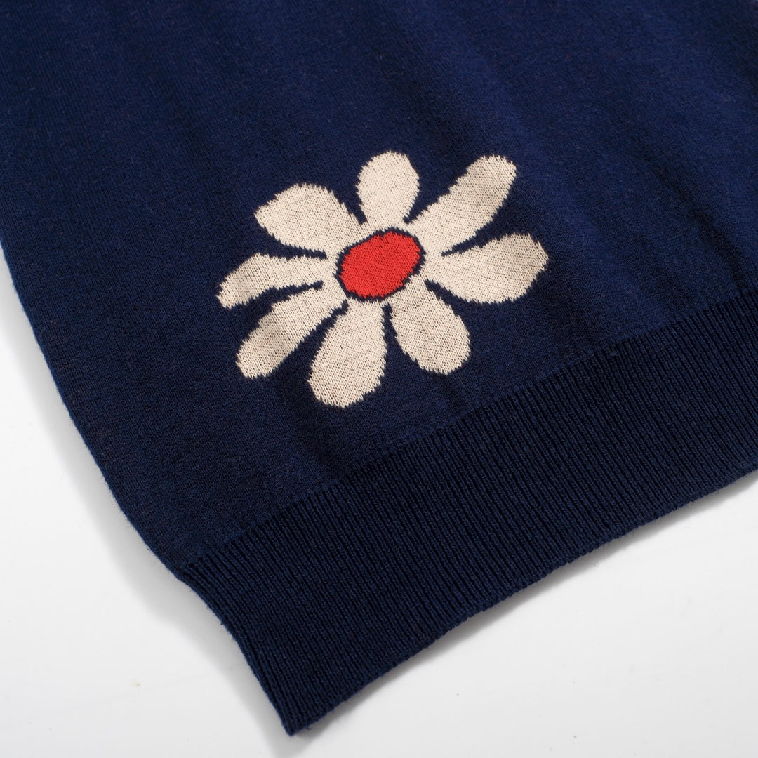 Men’s Retro 1970s Flower Knit Polo Shirt – Vintage Navy with Daisy Pattern