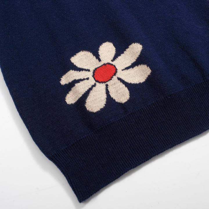 Men’s Retro 1970s Flower Knit Polo Shirt – Vintage Navy with Daisy Pattern